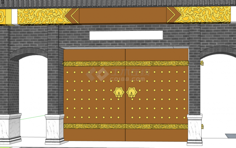 青砖结构两拱形侧门中间黄色气派大门su模型-图二