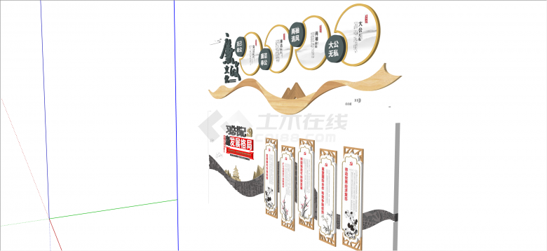 中式古典白金色廉政文化墙su模型-图二