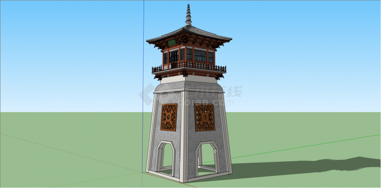 中式石制四方塔建筑su模型-图二