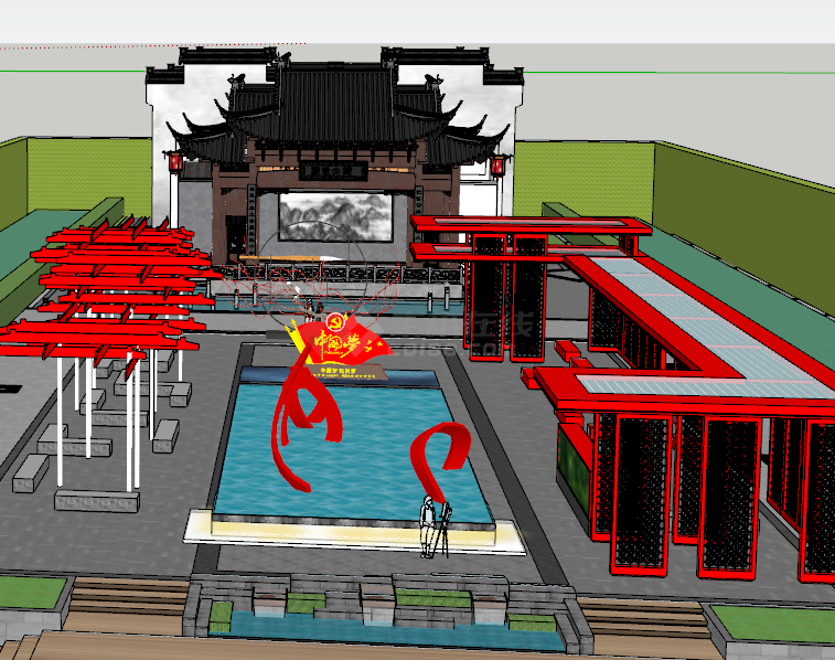 红色文化主题广场 文化长廊 文化舞台su模型-图二