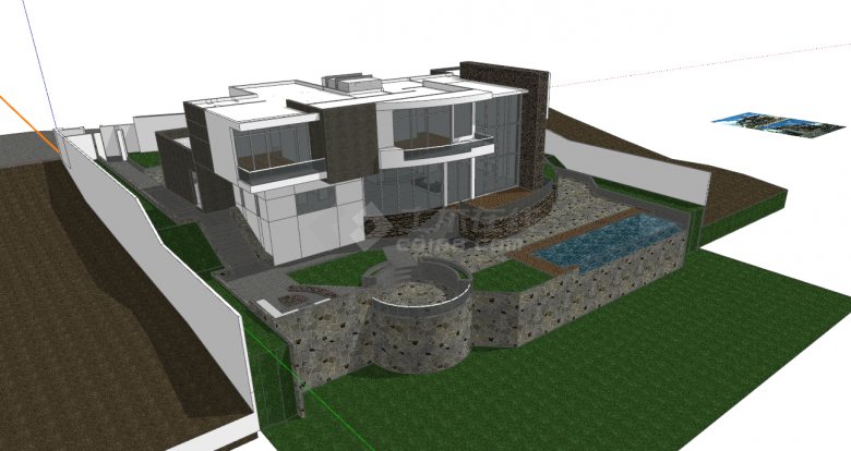 双层带大落地玻璃和游泳池的别墅庭院su模型 -图二