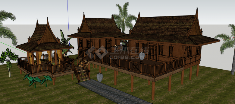 东南亚经典木式民居住宅su模型-图一