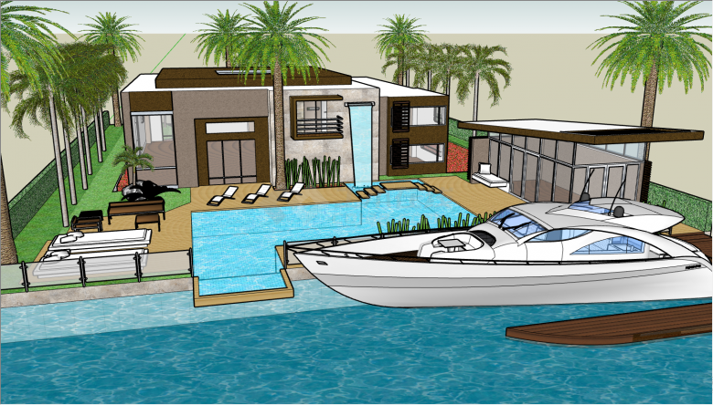 带有热带树木的游泳池的豪华别墅su模型-图二