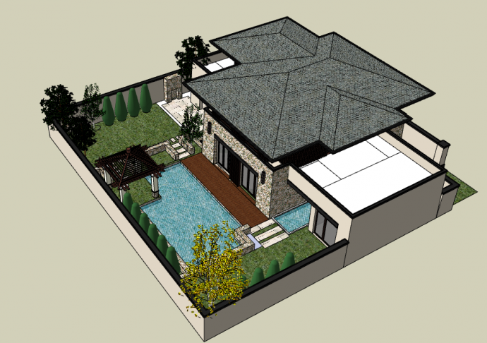 豪华带泳池现代风格别墅及庭院su模型_图1