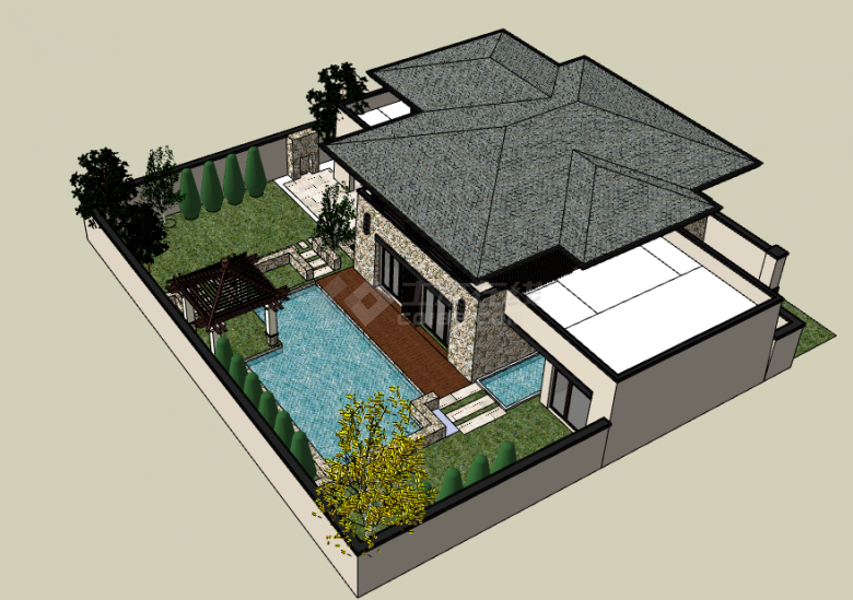 豪华带泳池现代风格别墅及庭院su模型-图一