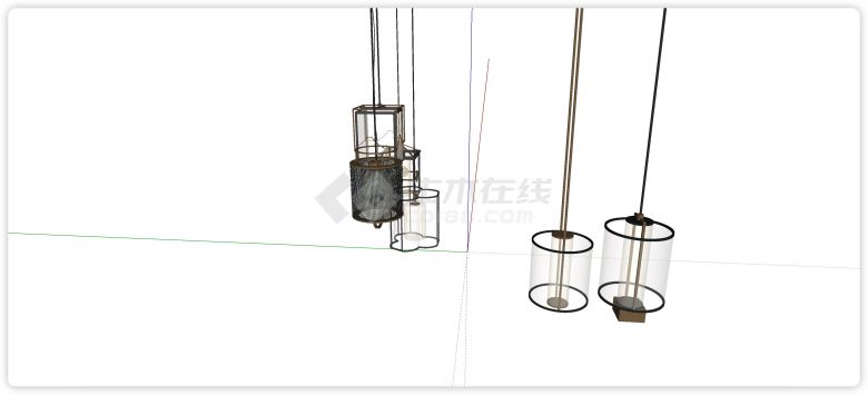 圆柱形网格吊灯中式灯具su模型-图二