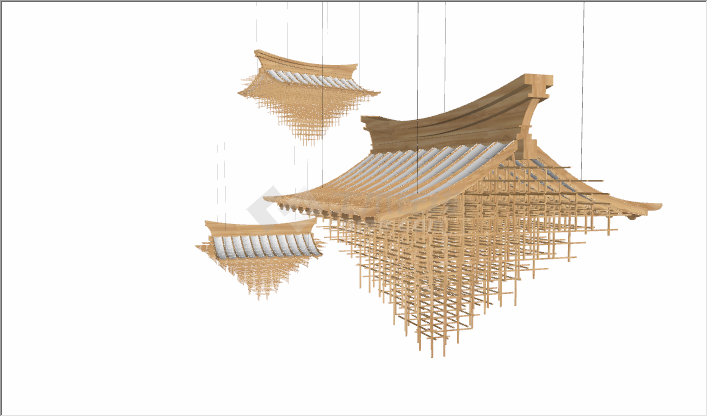 中式原木格栅建筑物构造组合su模型-图一