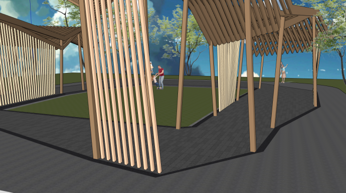 现代木质栏杆异形廊架su模型_图1