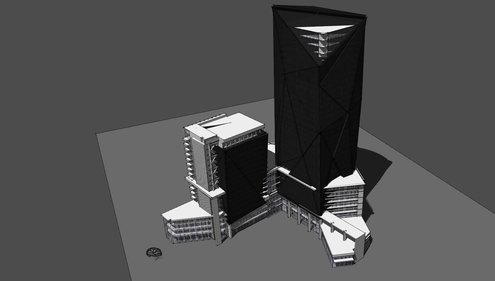 超高层综合体办公建筑黑白su模型-图一
