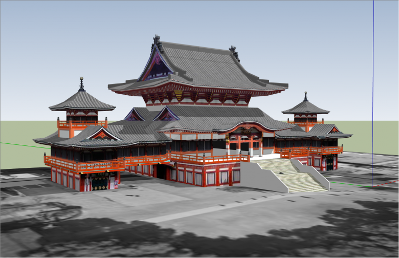 宏伟红柱日本古建筑su模型-图一