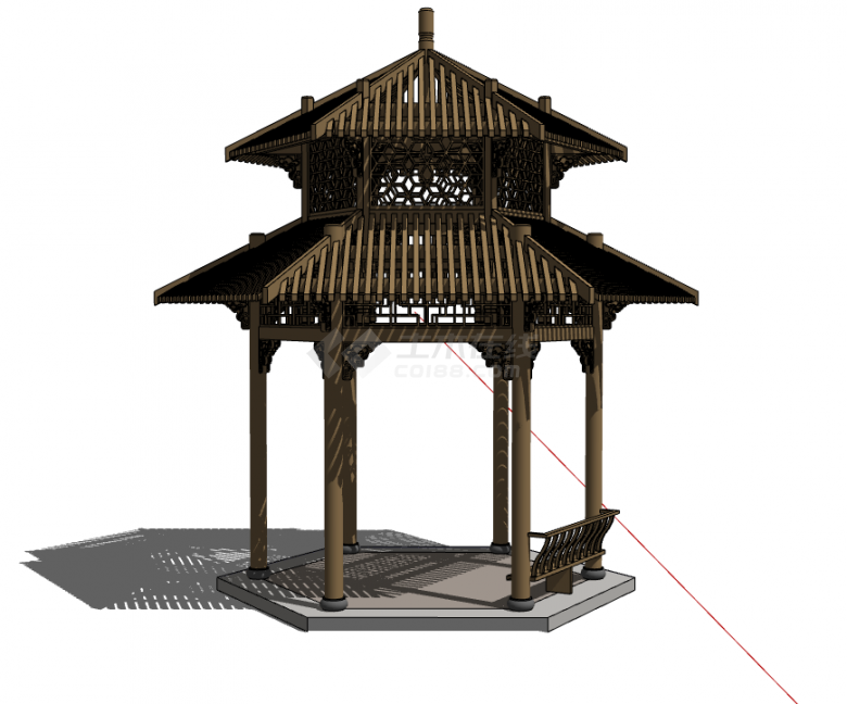 中式实木木结构六角亭su模型-图二