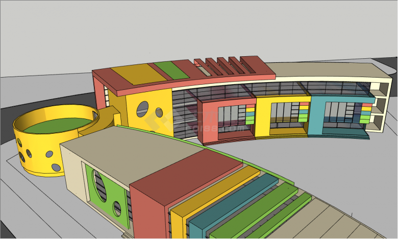 粉黄蓝绿作为外墙配色，有一幢3层教学楼+一幢圆形活动室+一幢2层玻璃落地窗展览室组合的幼儿园su模型-图一