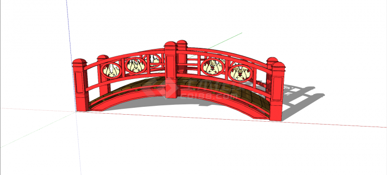 红色木质中式桥su模型-图一