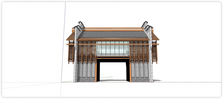 木条结构屋形配饰新中式大门入口su模型-图一