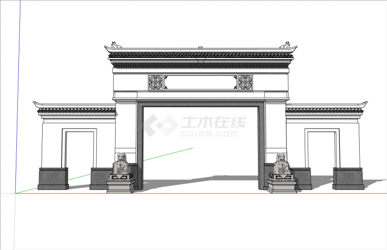 经典带石狮子新中式大门入口su模型-图一