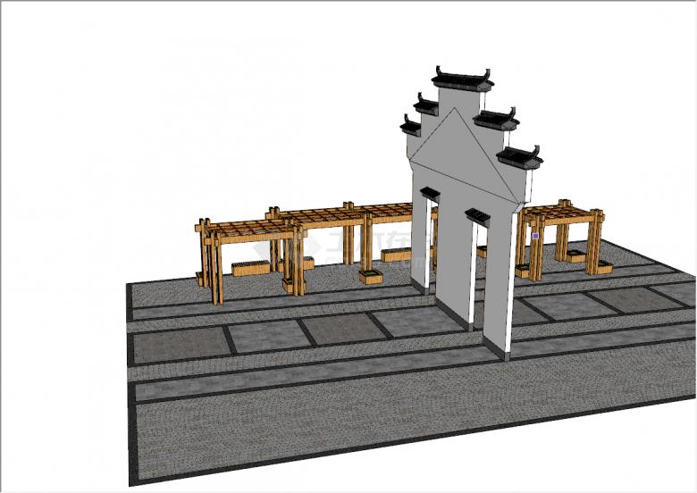 中式仿古文化马头墙风火墙su模型-图二