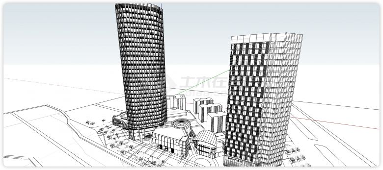 两栋高楼建筑配矮层商业街su模型-图二