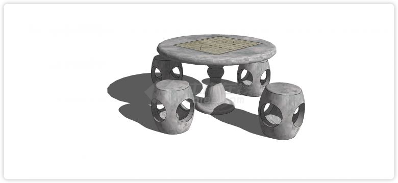 圆形桌面棋盘格子石桌石凳su模型-图一