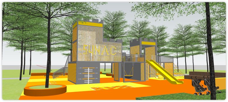 橙色地板城堡造型儿童游乐园su模型-图一