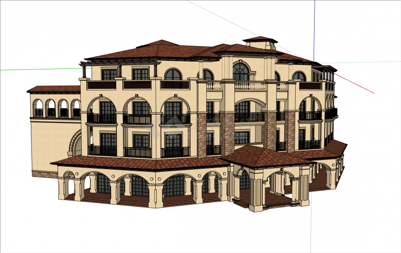 大型独特西班牙风格小酒店su模型-图一