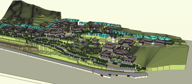 一个依山而建的唐风度假山庄su模型-图一