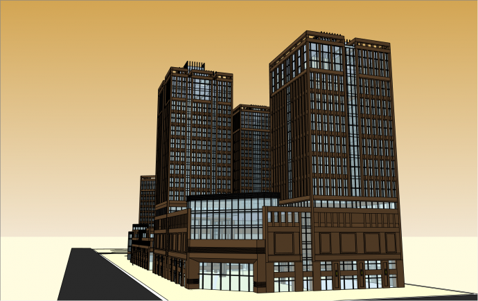 褐色中层欧式办公楼商业综合体su模型_图1