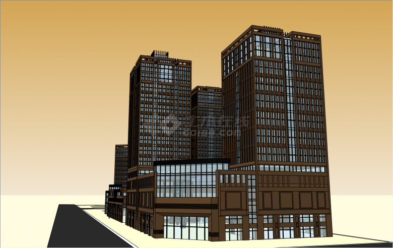 褐色中层欧式办公楼商业综合体su模型-图一
