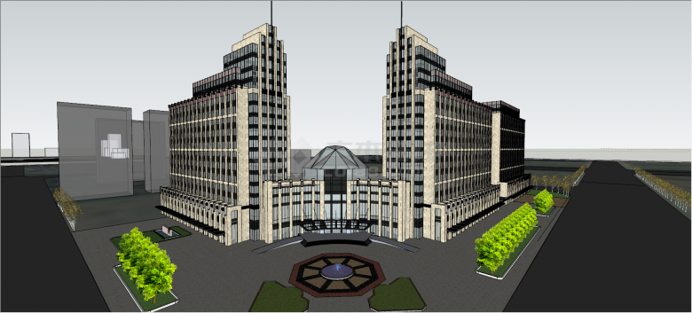 都市双子欧式古典酒店建筑模式su模型-图一
