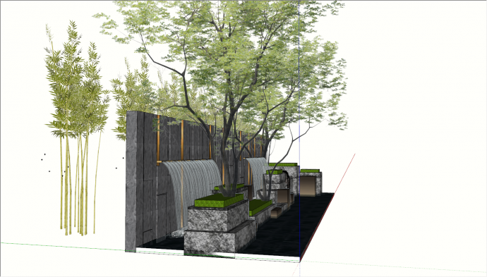 带有假山绿石树木喷泉的现代景墙 su模型_图1