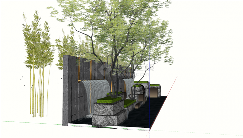 带有假山绿石树木喷泉的现代景墙 su模型-图一