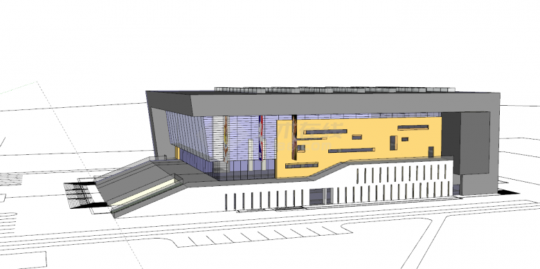 黄色紫色拼接带有透明天窗的中学体育馆建筑su模型-图二