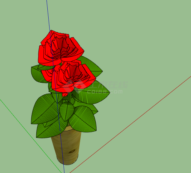 红色花朵绿色叶子棕色花瓶室内植物 su模型-图二