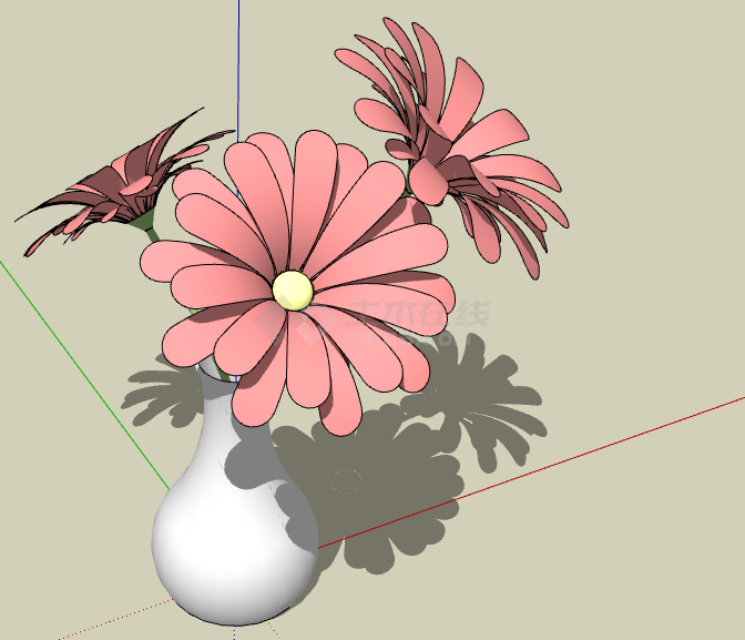 白色花盆儿开粉色花朵室内植物su模型-图二