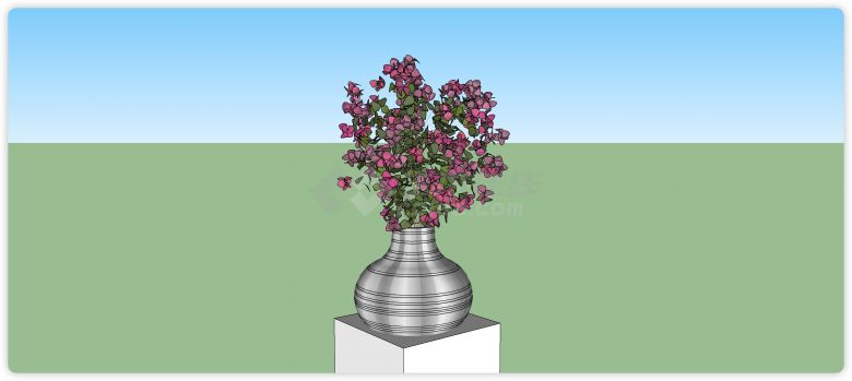 银白色花瓶粉色小花室内植物su模型-图一