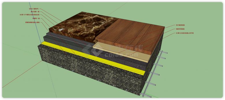 木地板与石材拼接效果石材与实木地板su模型-图一