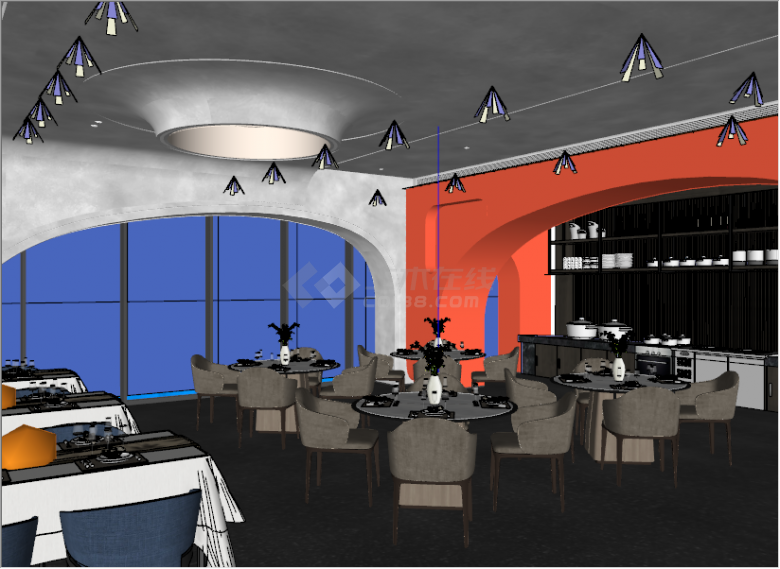 现代抽象创意蓝色桃红色海洋主题餐厅su模型-图二
