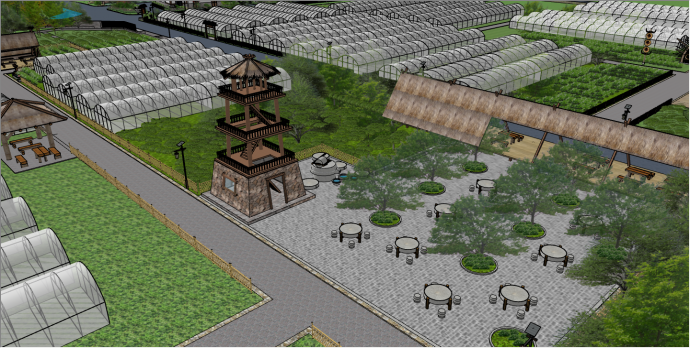 中式复古美丽乡村公园su模型_图1