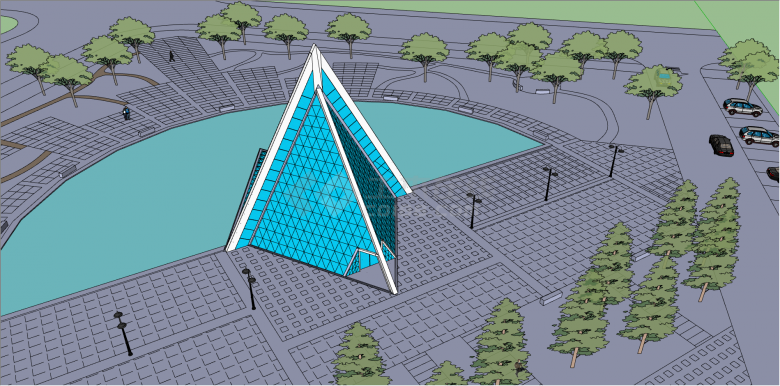 蓝色三角体展馆设计su模型-图一