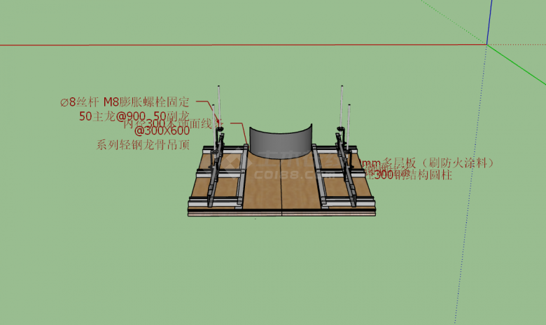房间天花木饰面与钢结构圆柱相接su模型-图二
