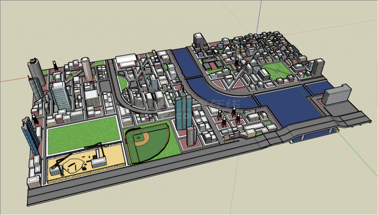 有蓝色公路和体育场的城市设计SU模型-图一