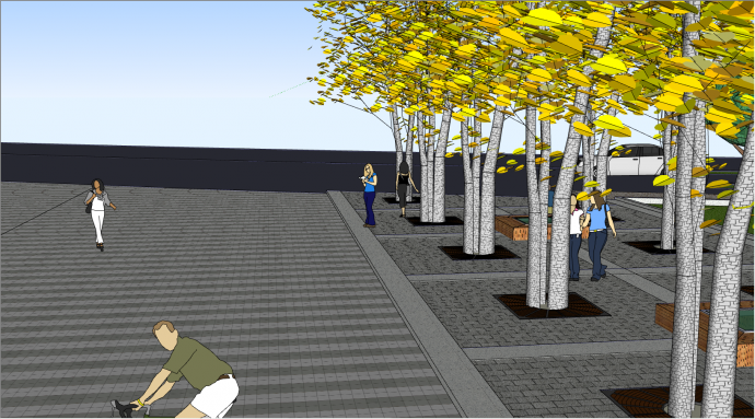 带有茂密的金黄色树叶的大树跟行人的小区景观su模型_图1