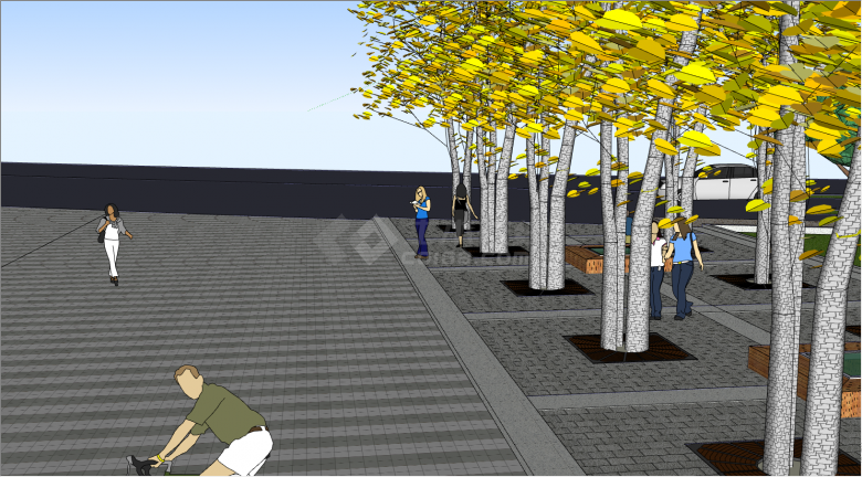 带有茂密的金黄色树叶的大树跟行人的小区景观su模型-图一