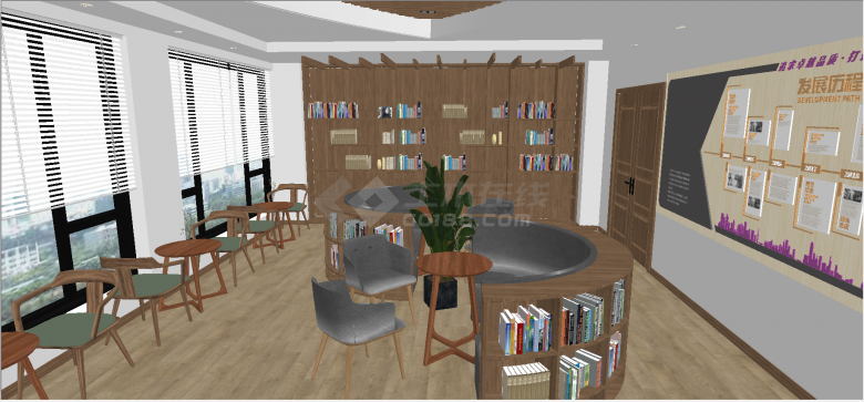 现代企业内部图书馆及阅览室设计布局su模型-图一