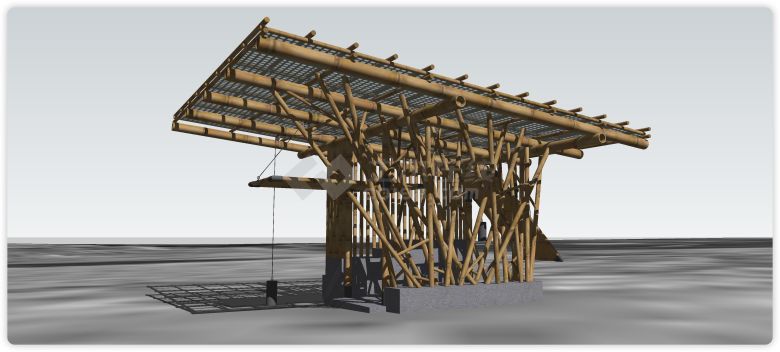 竹子结构搭建古建筑su模型-图一