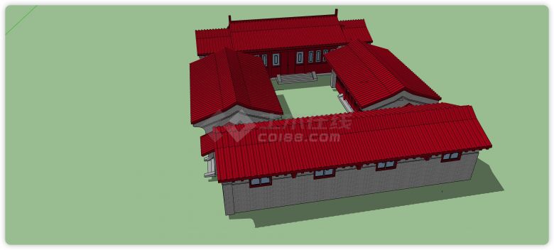 青砖主体红色屋顶四合院古建筑su模型-图二