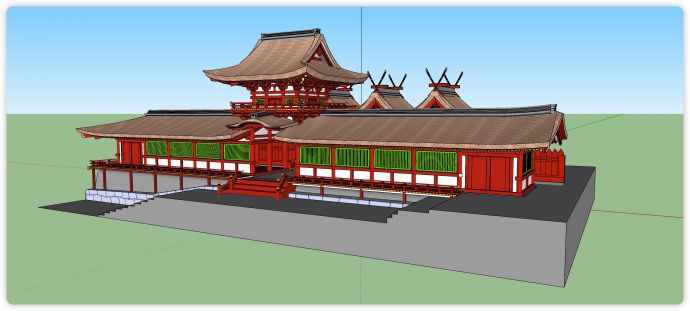 绿色窗户红色主体中国式古建筑su模型_图1