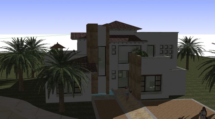 四周种植椰树的现代双层瓦屋面别墅su模型_图1