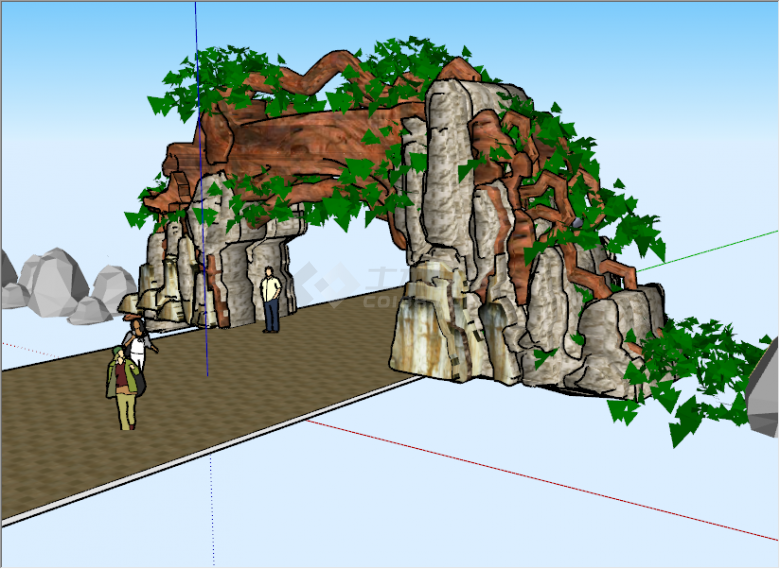 新中式创意石块雄伟树形公园景观入口大门su模型-图一