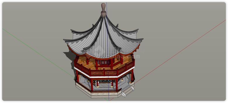 灰色尖顶红色木结构八角亭su模型-图二