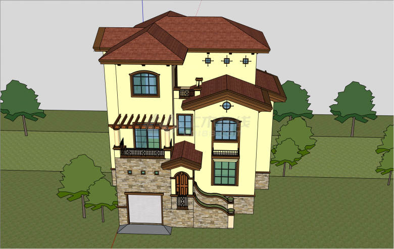 红瓦西班牙风格别墅su模型-图一